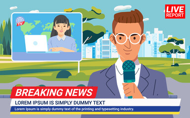 News woman anchor broadcasting the news with a reporter live on screen working in suburbs town city