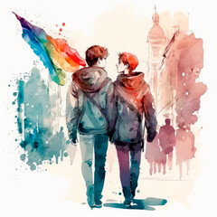 Two young men in love walk in Gay Pride Generative AI