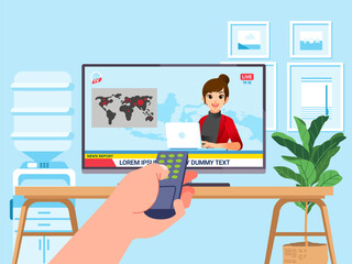Remote control holding in hand watching TV to see the news about pandemic on living room