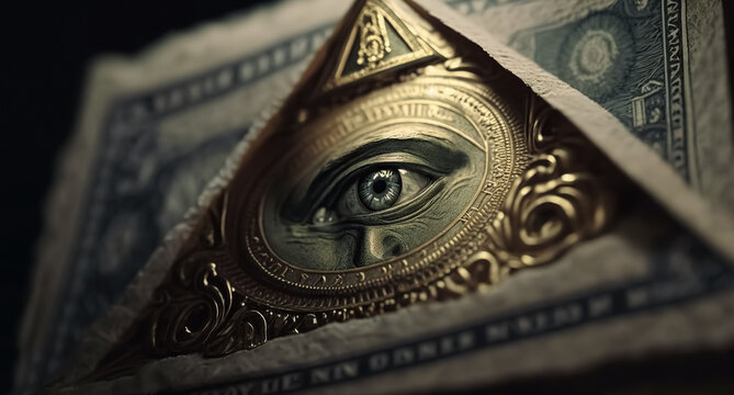 Eye of providence/all seeing eye/pyramid eye on the golden triangle, US one dollar bill.  Masonic symbol. digital ai art