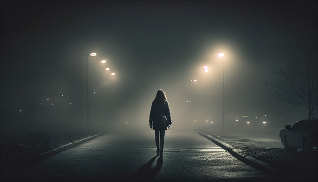 silhouette of a woman walking down a dark foggy empty street at night under streetlights. Created with generative AI.