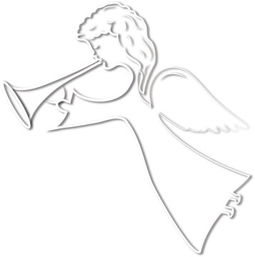 Silhouette of a flying angel with a trumpet. The white angel is in profile, with shadows, with wings. Format vector and jpg.