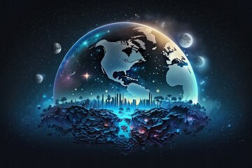 Starry Earth at night. Wallpaper with an abstract design. Planet with city lights. Civilization. Various NASA provided elements can be seen here. Generative AI