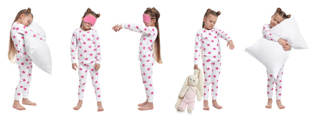 Collage with photos of girl sleepwalking on white background