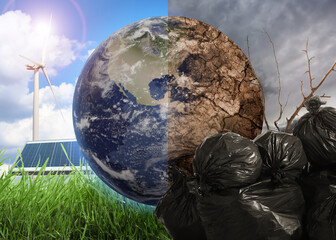 Environmental pollution. Collage divided into clean and contaminated Earth. Globe with wind turbine and solar panels on one side and cracked soil with trash bags full of garbage on the other