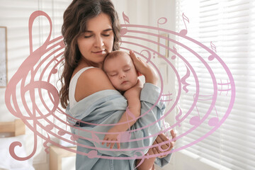 Mother singing lullaby to her sleepy baby at home. Music notes illustrations flying around woman...