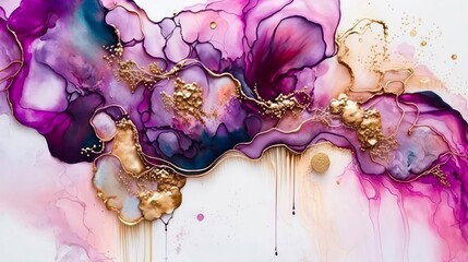 Alcohol ink painting background. Marble abstract texture. Modern fluid art in purple and pink tones with golden pigment. Generative AI illustration.