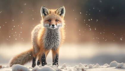 Fototapeta premium Super cute baby fox in a winter landscape.. Created with Generative AI.
