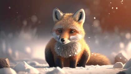 Super cute baby fox in a winter landscape.. Created with Generative AI.