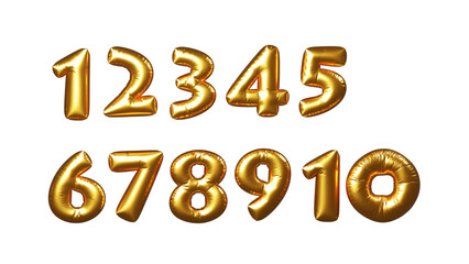 金色のバルーン、風船の数字のセット。立体的な数字のセット。背景透過。（PNG）