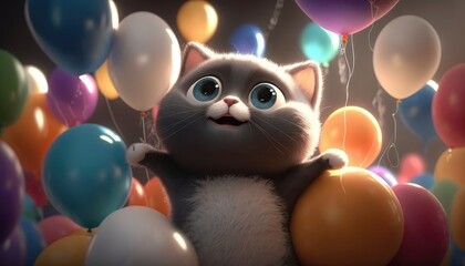 cute baby cat with balloons. Created with Generative AI.