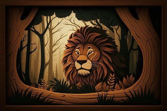 Fictional lion in a gloomy wood. Generative AI