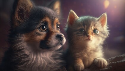 Adorable dog and baby cat together. Created with Generative AI.