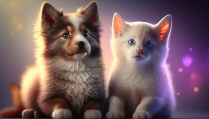 Fototapeta na wymiar Adorable dog and baby cat together. Created with Generative AI.