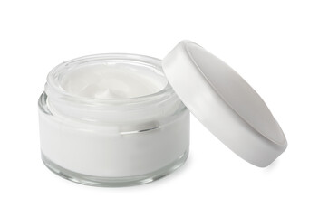 Face cream in glass jar on white background