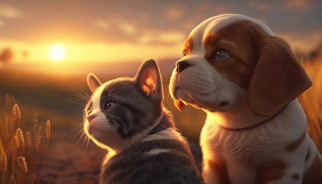 Adorable cat and dog looking at the horizon in the sunset. Created with Generative AI.