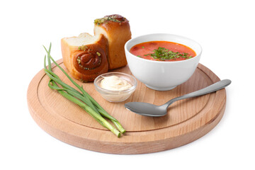 Delicious borsch served with pampushky isolated on white. Traditional Ukrainian cuisine