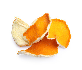 Pile of dry orange peels on white background, top view