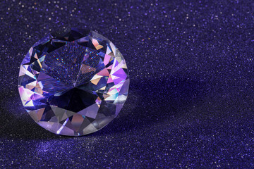 Beautiful dazzling diamond on violet glitter background, closeup. Space for text