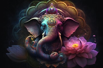 Ganesh with flower mandala - Generative AI Illustration  - obrazy, fototapety, plakaty