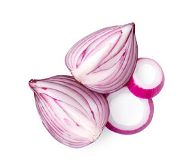 Fresh red ripe onions isolated on white, top view
