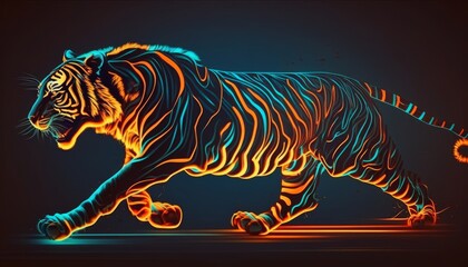 Neon Tiger on a black background - Generative Ai Illustration 