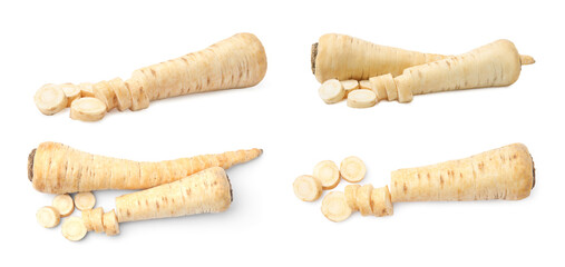 Collage with whole and cut parsley roots on white background, top and side views