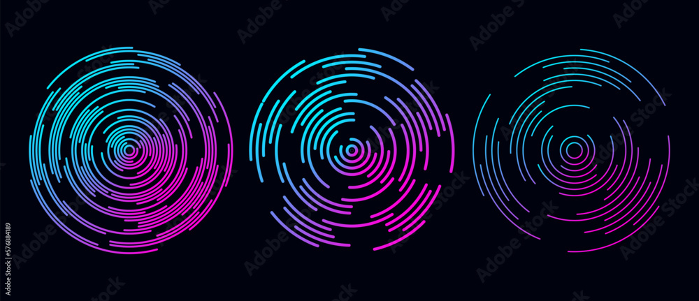 Poster concentric circle segments set in dark theme. rippled round patten collection. blue purple sound wav