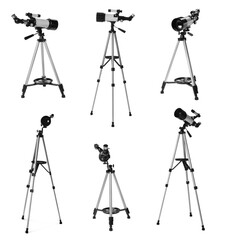 Collage of tripod with modern telescope on white background, views from different sides