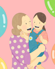 Ilustración de madre cargando a su hija decorado con globos