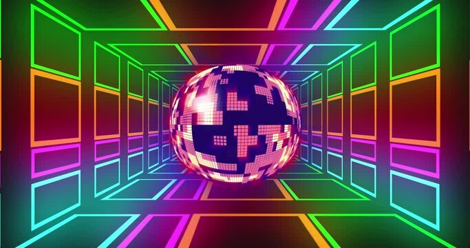 Animation of disco ball over colorful squares on black background
