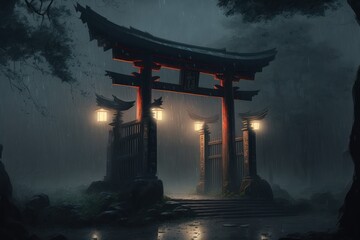 Ancient Fantasy Torii Gate in the Rain, Concept Art, Digital Illustration, Generative AI - obrazy, fototapety, plakaty