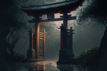 Ancient Fantasy Torii Gate in the Rain, Concept Art, Digital Illustration, Generative AI