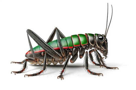 Photograph of a single Gryllus field cricket on a white background. Generative AI