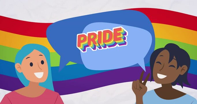 Animation of rainbow pride text and two women over rainbow background