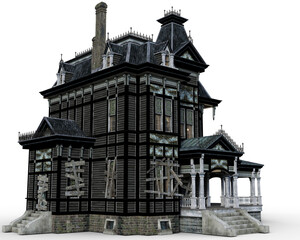 Boarded up decaying Victorian structure.