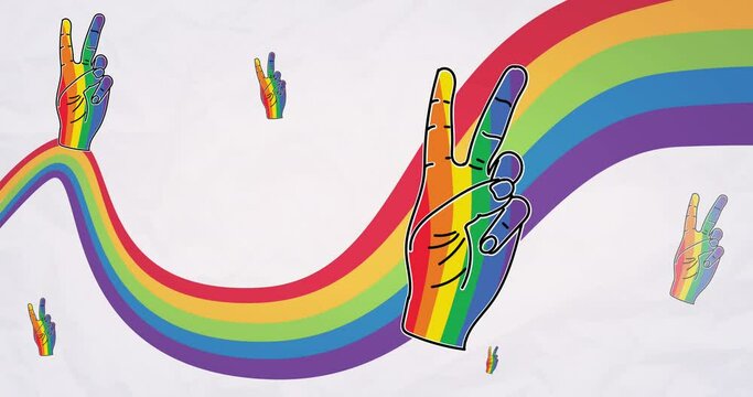 Animation of rainbow victory signs over rainbow background