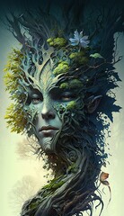 Digital artwork of a woman's face made of tree branches and leaves created with Generative AI technology