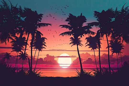 Sunset on a tropical beach with palm trees silhouetted against the sky. Vintage instagram filter applied to a travel background. Generative AI