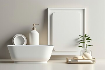 Fototapeta na wymiar Modern beige bathroom with a white porcelain tub and toilet serves as a blank white wooden tray table with edge for beauty or health product display template. Narrowing in on only certain details