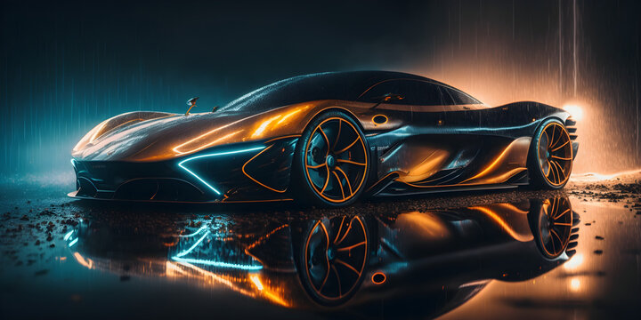 sleek futuristic luxury car, shiny reflective metal surfaces covered in raindrops, dystopian cyberpunk city background, soft diffused glowing neon lighting, mist, fog, crepuscular rays