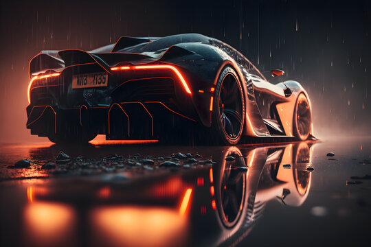 sleek futuristic luxury car, shiny reflective metal surfaces covered in raindrops, dystopian cyberpunk city background, soft diffused glowing neon lighting, mist, fog, crepuscular rays, Generative AI