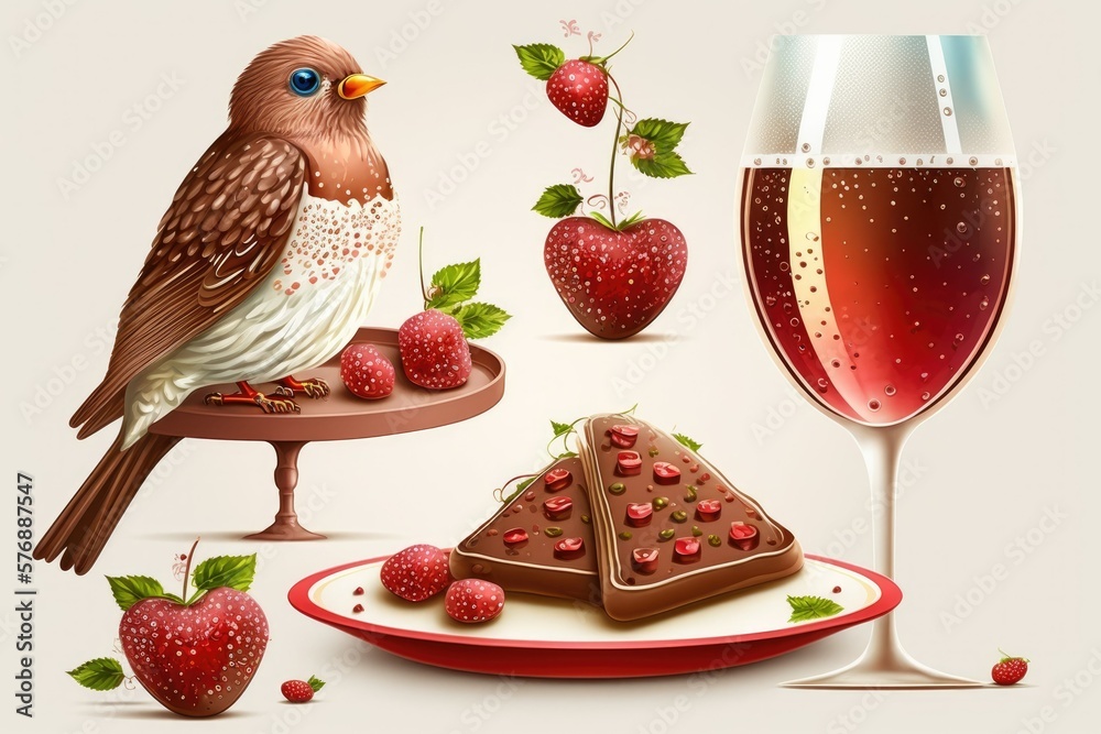 Poster Lovebirds' Valentine's Day breakfast of chocolate covered strawberry toast and a glass of champagne. Generative AI