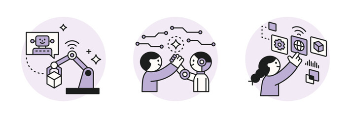 Fototapeta premium The Age of AI. Intelligence Meets Technology. Business concept illustration with people and icons. Human and robot are collaborating and analyzing data.