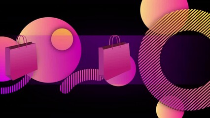 Animation of shopping bags and neon circles on black background - Powered by Adobe