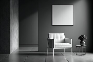 An armchair sits against a blank, dark concrete wall in this mockup of a living room. Generative AI