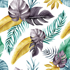 Beautiful colorful tropical leaves watercolor seamless pattern