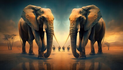 Fototapeta na wymiar Majestic elephants mirroring 