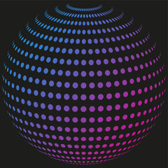 sphere with halftone effect, sphere made with small other spheres colored with gradient color transition, artwork with black background