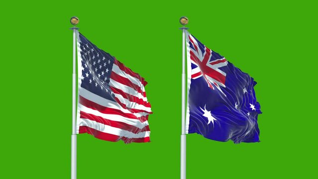 The American and Australia flags are flying on a green screen background with 4k resolution and 60 frames per second.